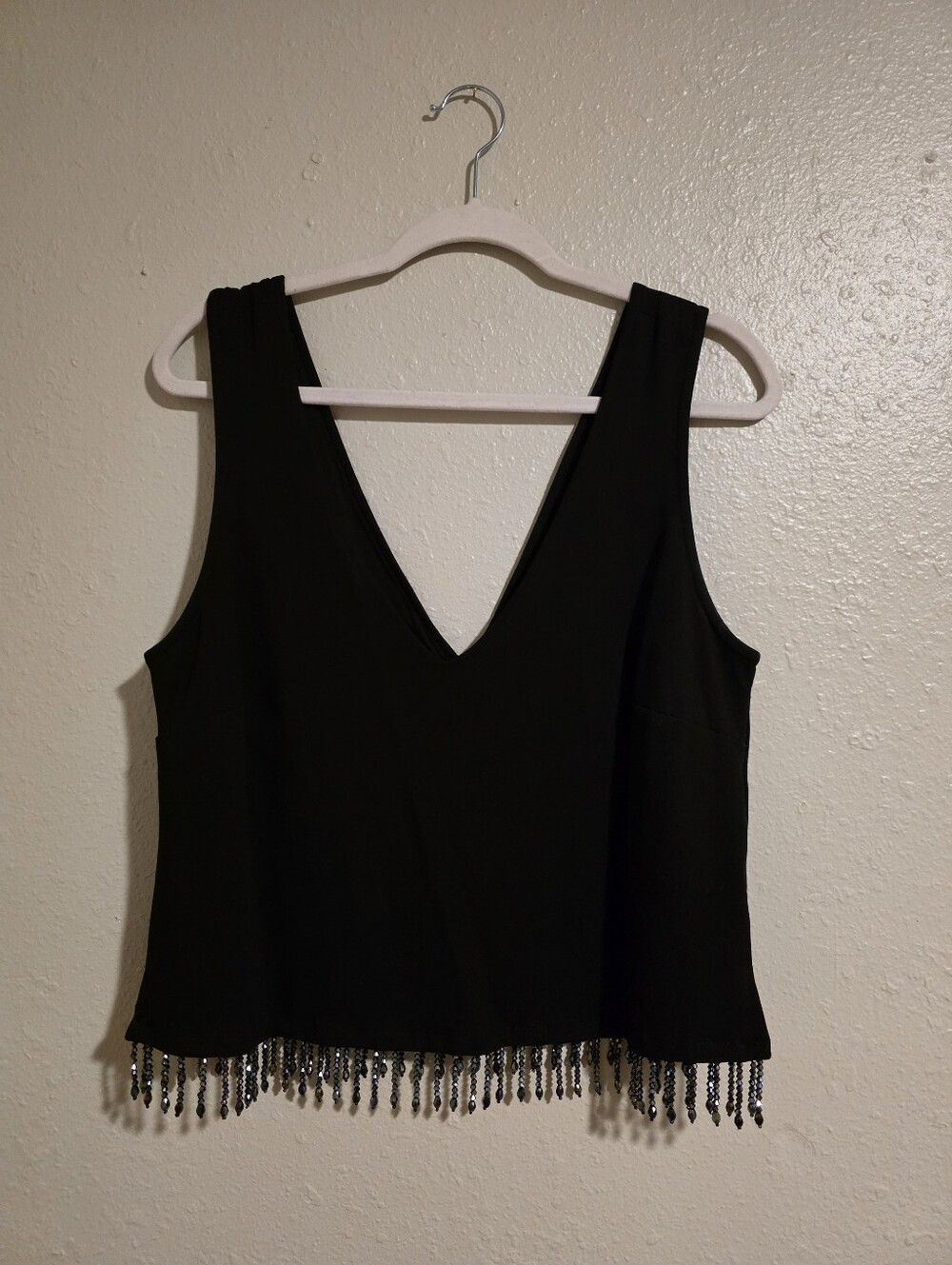 W5 Black V-Neck Tank with Beaded Fringe